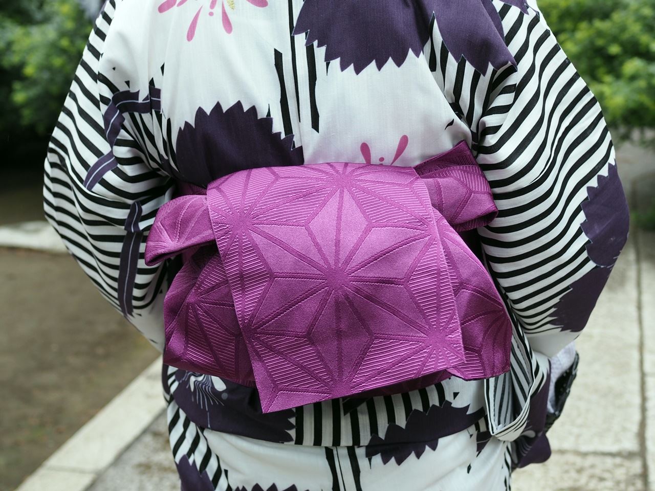 撫子の浴衣と紫の半幅帯